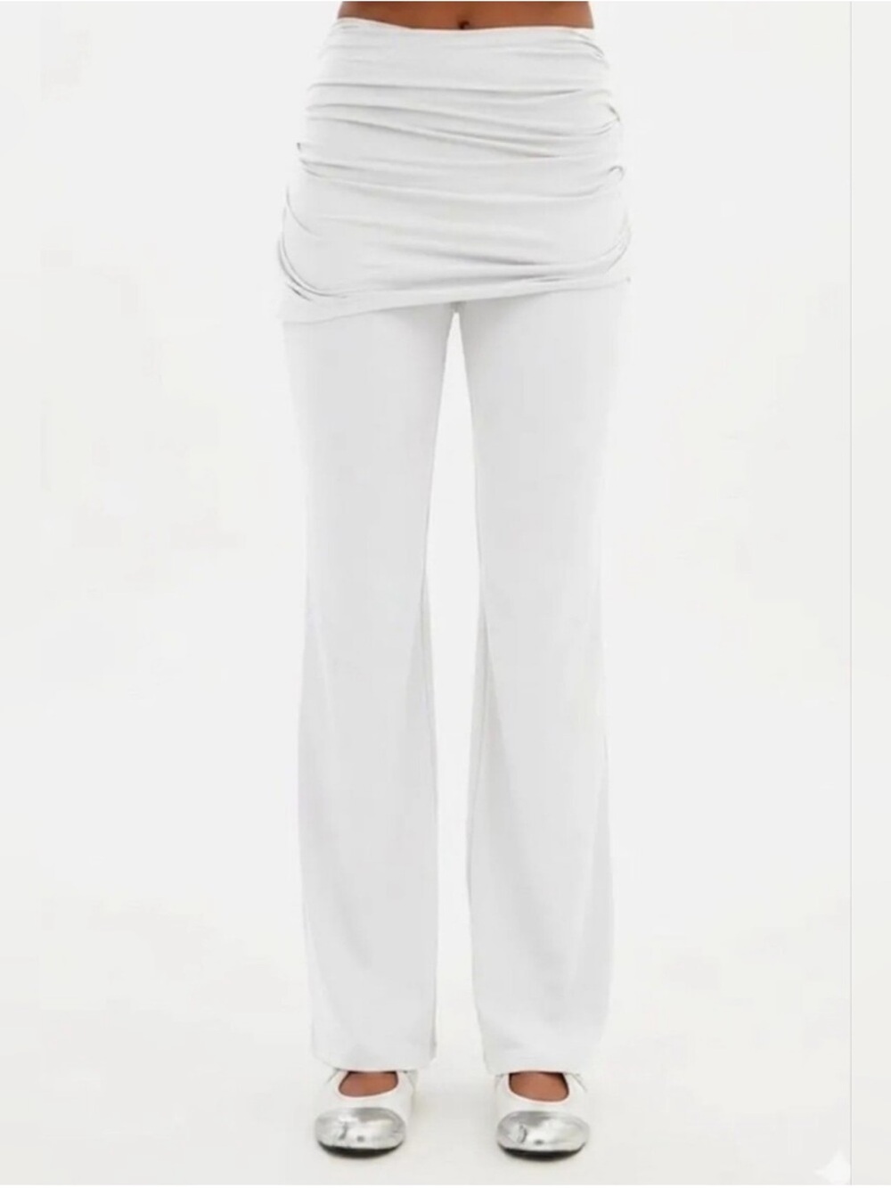Girlfriend Collective White Ruched Skirt Overlay Flare Leg Pants white XL NWT